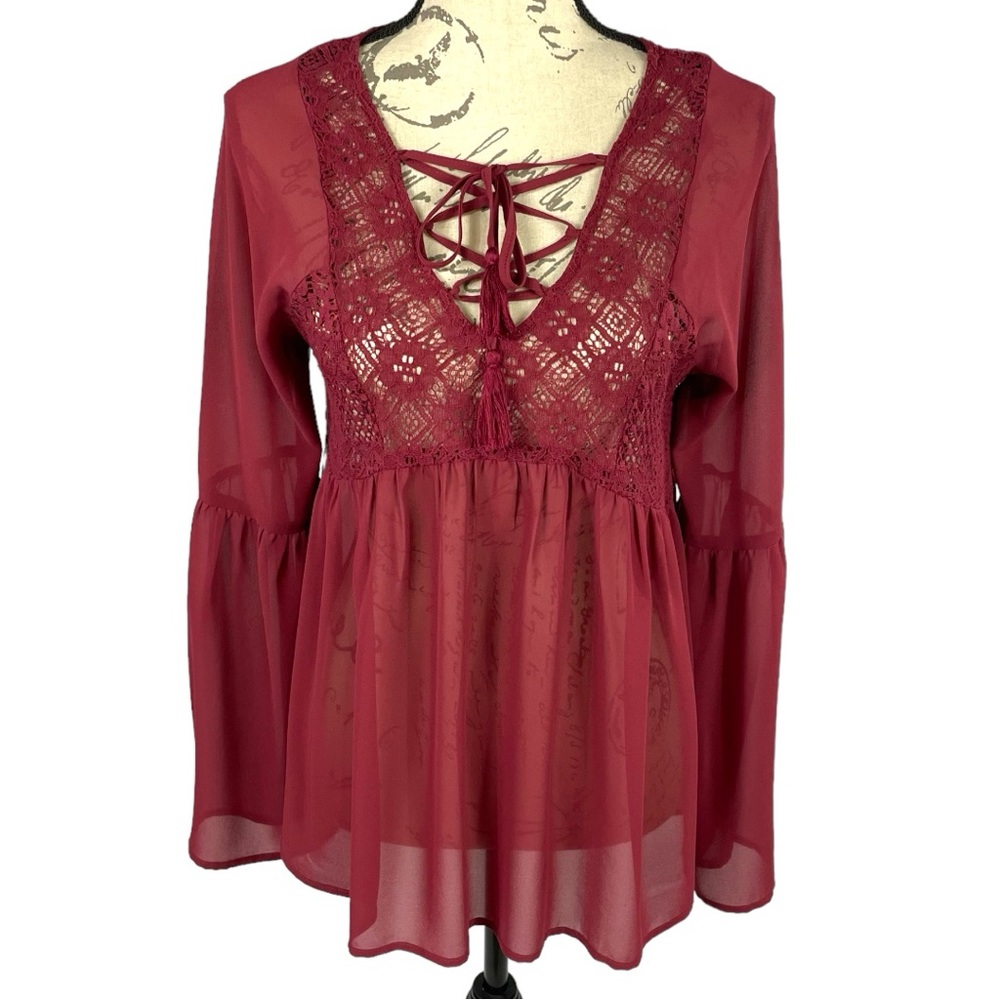 Knox Rose Womens Criss Cross Chiffon Lace Top Bell Sleeves
